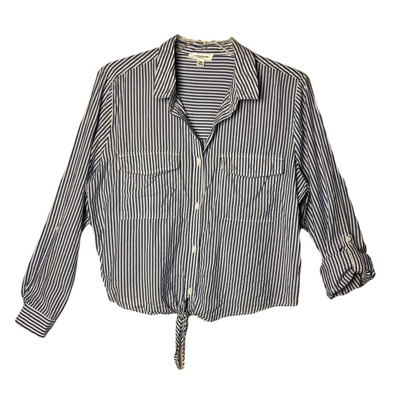 BeachLunchLounge | Blue Striped Boxy Button Front Tie Waist Top, XL - Picture 1 of 7